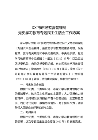 党史专题民主生活会工作方案4300字