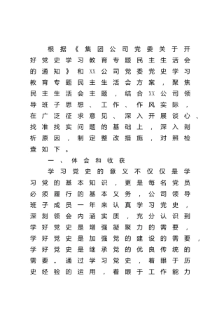 党史专题民主生活会班子对照检查（国企公司6600字）