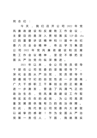在2022年党风廉政建设和反腐败工作会议上的讲话（公司）