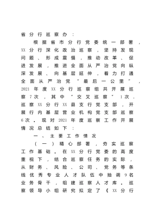 银行巡察工作开展情况总结报告