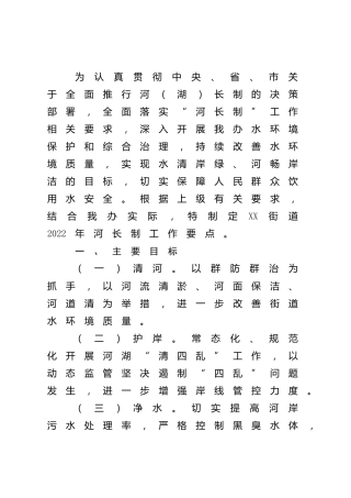 乡镇街道2022年河长制工作要点