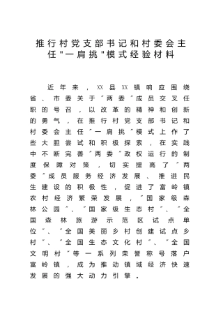 推行村党支部书记和村委会主任一肩挑模式经验总结