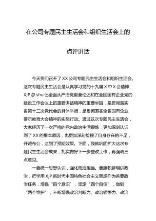 2021年度专题民主生活会和组织生活会上的点评讲话（公司）