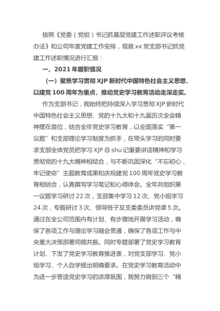 2021年公司党支部书记抓党建述职报告3900字