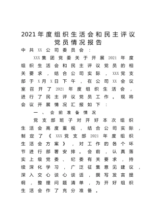 2021年度组织生活会和民主评议党员情况报告2800字