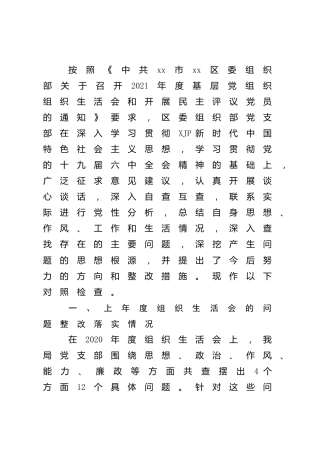 2021年度组织生活会班子对照检查4500字