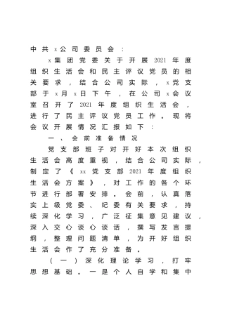 2021年度组织生活会和民主评议党员开展情况总结汇报2700字
