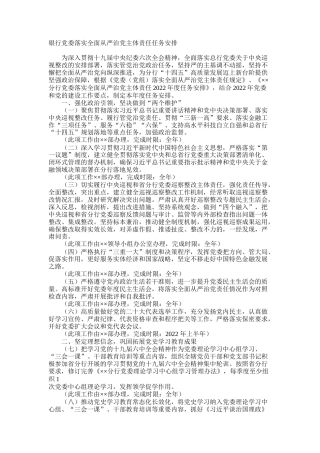 银行党委落实全面从严治党主体责任任务安排