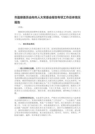 市监察委员会向人大报告专项工作总体情况报告
