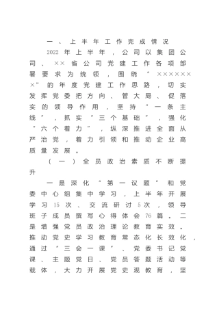 公司2022年党的建设工作上半年总结3600字