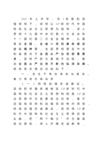 2022年上半年全面从严治党工作情况总结3100字