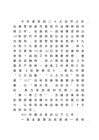 2022年县区统战工作要点4000字