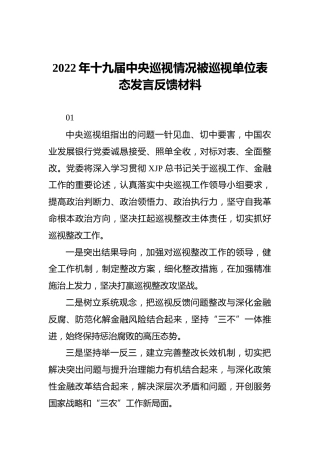 巡视巡察单位表态发言反馈材料素材1万字