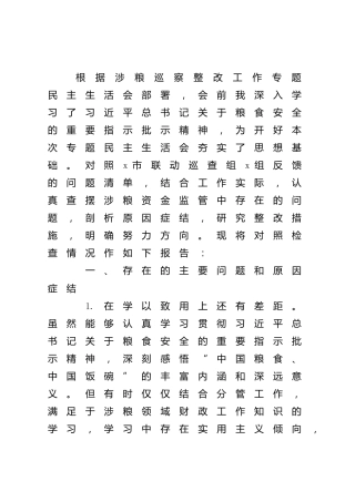涉粮问题巡察整改专题民主生活会个人对照检查1600字