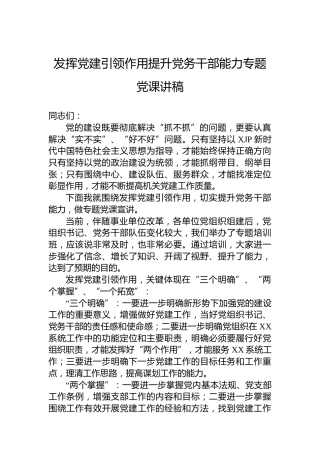 发挥党建引领作用提升党务干部能力专题党课讲稿