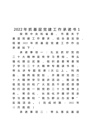 2022年县区书记抓基层党建工作公开承诺书5篇