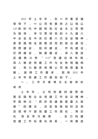2022年上半年党建工作总结（公司3600字）