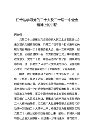 在传达学习二十大及一中全会精神上的讲话1200字