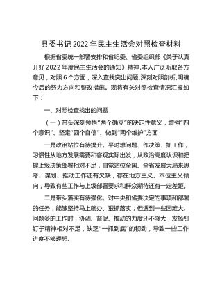 县委书记2022年民主生活会个人对照检查5200字