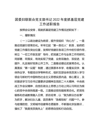 团委妇联联合党支部书记2022年度抓基层党建工作述职报告2600字