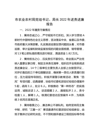 市农业农村局局长2022年述责述廉报告（会议汇报简短版）