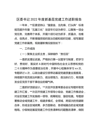 区委书记2022年度抓基层党建工作述职报告3200字