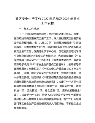 区安全生产工作2022年总结及2023年重点工作安排