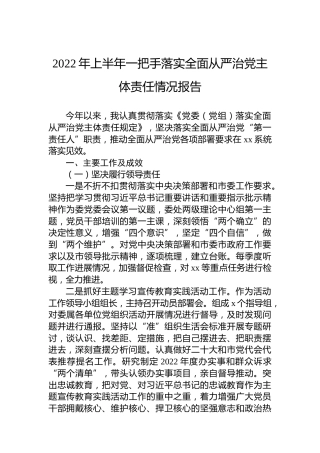 一把手落实全面从严治党主体责任情况报告4000字