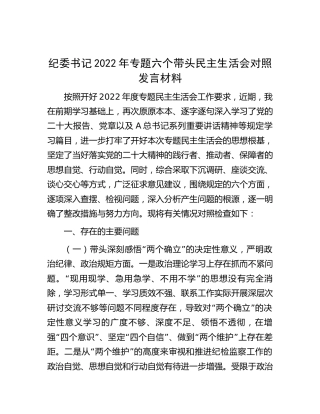 纪委书记2022年民主生活会对照发言材料4700字