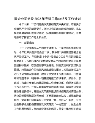 国企公司党委2022年党建工作总结及工作计划3900字