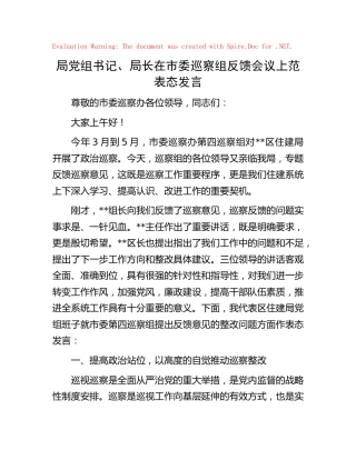 局党组书记、局长在市委巡察组反馈会议上范表态发言