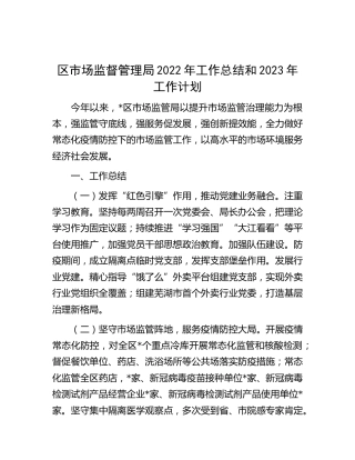 区市场监督管理局2022年工作总结和2023年工作计划汇报