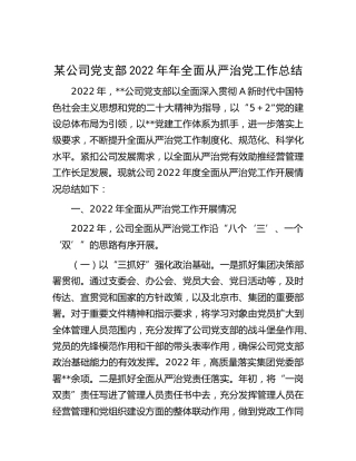 公司党支部2022年全面从严治党工作总结