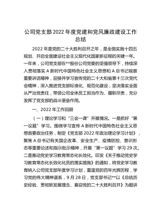 公司党支部2022年度党建和党风廉政建设工作总结4100字