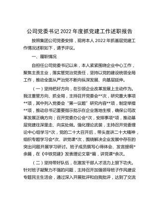 公司党委书记2022年度抓党建工作述职报告2100字