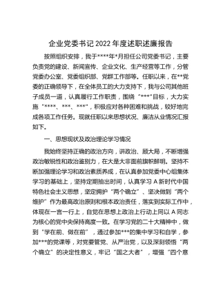 公司党委书记2022年度述职述廉报告