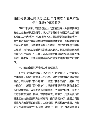 公司2022年度落实全面从严治党主体责任情况总结报告6100字（市国投集团）