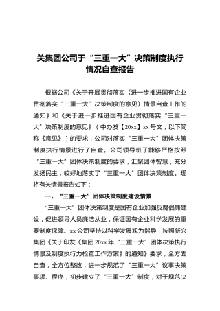 集团公司“三重一大”决策制度执行情况自查报告