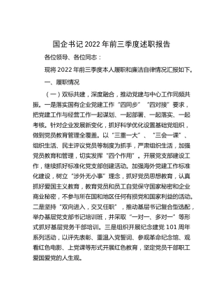 国企公司书记2022年前三季度述职报告