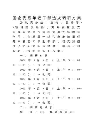 国企公司优秀年轻干部选拔调研方案