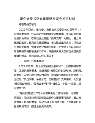 国企党委书记党建调研座谈会发言材料（公司）