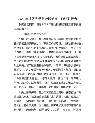 2022年社区党委书记抓党建工作述职报告（村）