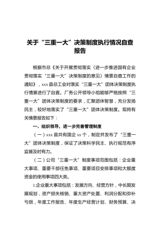 关于“三重一大”决策制度执行情况自查报告3