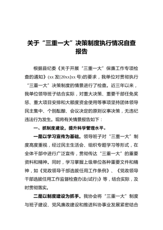 关于“三重一大”决策制度执行情况自查报告2