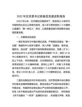 2022年区党委书记抓基层党建述职报告2900字