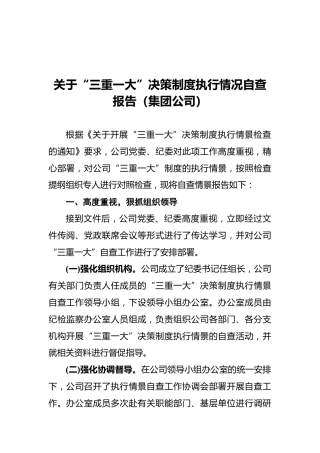 关于“三重一大”决策制度执行情况自查报告（集团公司）2