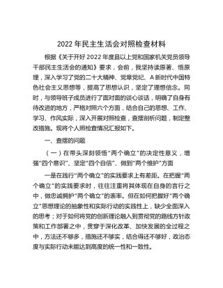 2022年民主生活会个人对照检查6300字