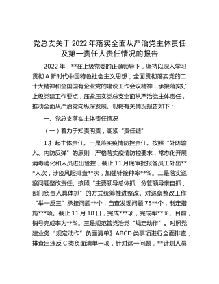 2022年落实全面从严治党主体责任及第一责任人责任情况的报告