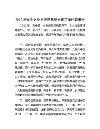 2022年国企公司书记抓党建工作述职报告2000字