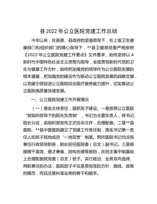 2022年公立医院党建工作总结（卫健2700字）